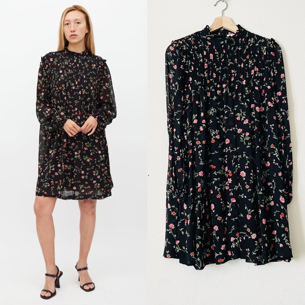 GANNI EU 36 US 4 Elm Pintucked Black Floral Georgette crepe lined mini dress